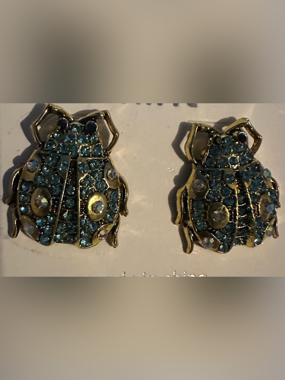 Gold-Tone Blue Crystal Ladybug Earrings